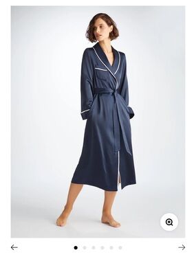 Derek Rose Navy Satin Long Robe with White Piping